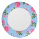 Pink roses Floral pattern on blue and white plate plates