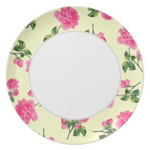 Pink roses Floral pattern on cream and white plate