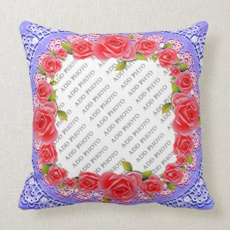 Pink Roses, Lace, Blue Background Add Photo Pillow throwpillow