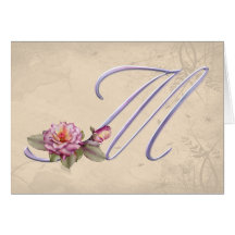 Pink Roses Monogram M Greeting Cards