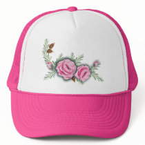PINK ROSES & PINE CONES by SHARON SHARPE hats by sharonsharpe PINK ROSES & PINE CONES by SHARON SHARPE hats