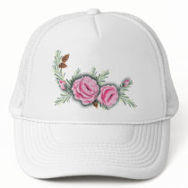 PINK ROSES & PINE CONES by SHARON SHARPE hats by sharonsharpe PINK ROSES & PINE CONES by SHARON SHARPE hats