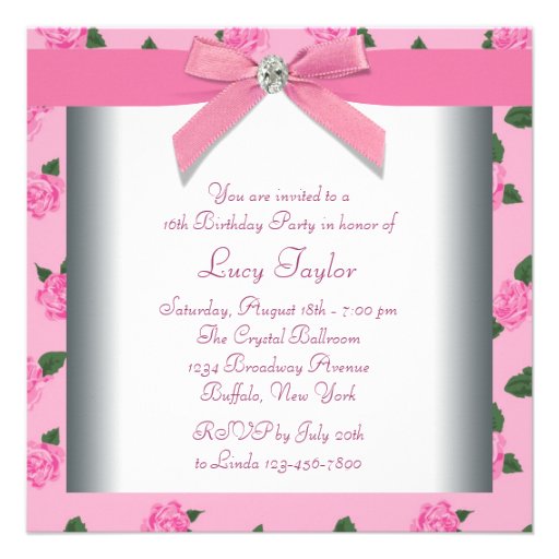 Pink Roses Pink Sweet 16 Birthday Party Personalized Invitations