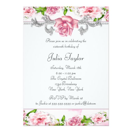 Pink Roses Pretty Pink White Sweet Sixteen Party Custom Invitation