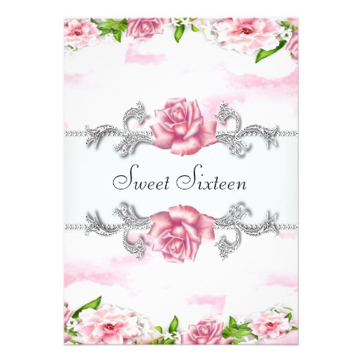 Pink Roses Pretty Pink White Sweet Sixteen Party Custom Invitation