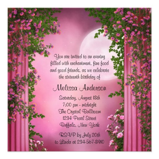 Pink Roses Princess Sweet 16 Birthday Party Personalized Invitations