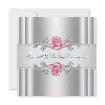 Pink Roses Silver 25th Wedding Anniversary Announcement