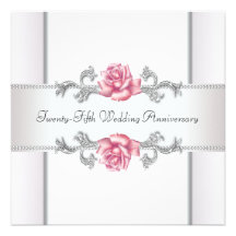 Pink Roses Silver 25th Wedding Anniversary Personalized Invitations