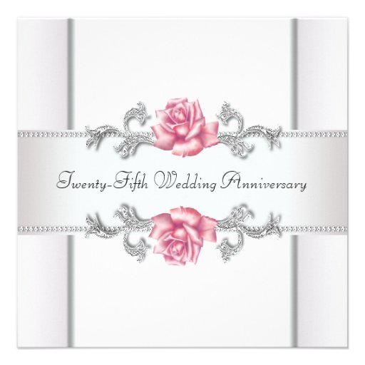 Pink Roses Silver 25th Wedding Anniversary Personalized Invitations