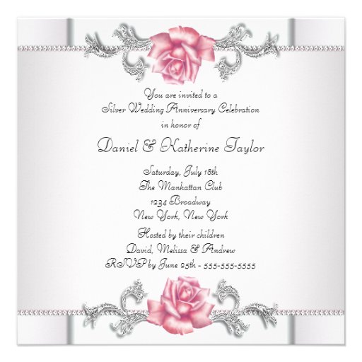 Pink Roses Silver 25th Wedding Anniversary Personalized Invitations