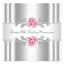 Pink Roses Silver 25th Wedding Anniversary invitations