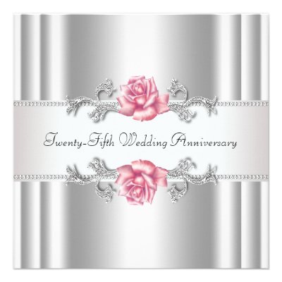 Pink Roses Silver 25th Wedding Anniversary Announcement
