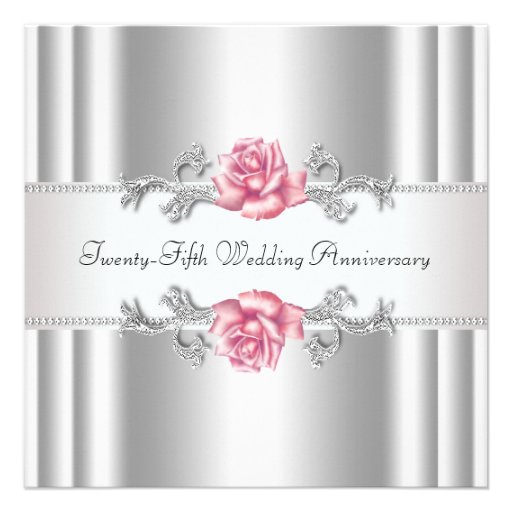 Pink Roses Silver 25th Wedding Anniversary Announcement (front side)