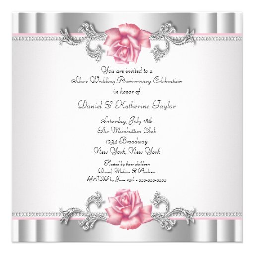 Pink Roses Silver 25th Wedding Anniversary Announcement