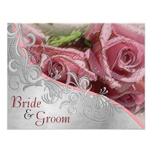 Pink Roses & Silver - Flat 2 sided Wedding Invite