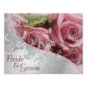 Pink Roses & Silver - Flat 2 sided Wedding Invite 4.25
