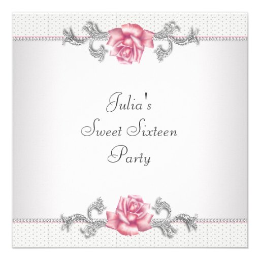 Pink Roses Silver Pink Sweet Sixteen Party Invites