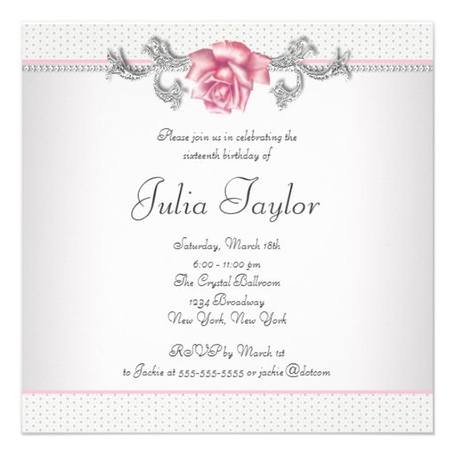 Pink Roses Silver Pink Sweet Sixteen Party Invites