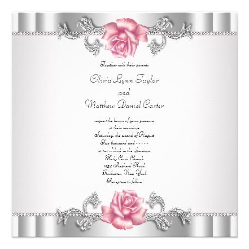 Pink Roses Silver White Pink Elegant Wedding Custom Invites