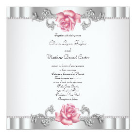 Pink Roses Silver White Pink Elegant Wedding 5.25x5.25 Square Paper Invitation Card