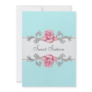 Pink Roses Teal Blue Sweet Sixteen Birthday Party invitation