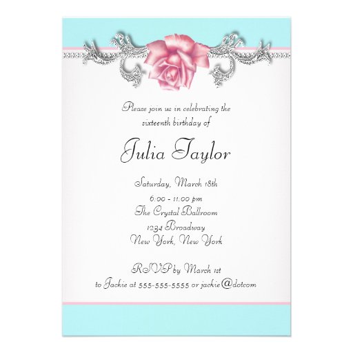 Pink Roses Teal Blue Sweet Sixteen Birthday Party Announcements