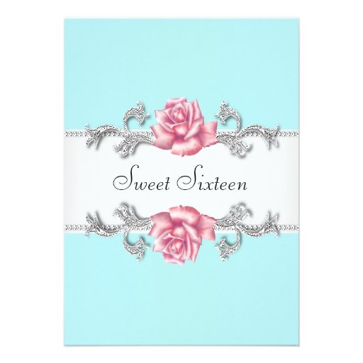 Pink Roses Teal Blue Sweet Sixteen Birthday Party Announcements