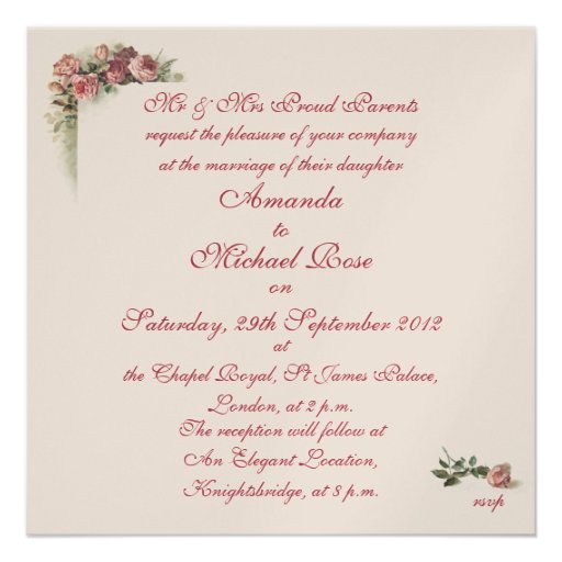 Pink roses wedding invitation