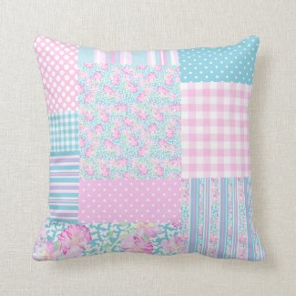 Pink Roses White Butterflies Faux Patchwork Pillow