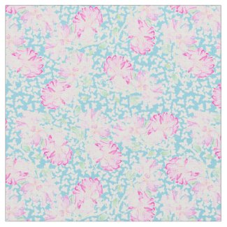 Pink Roses White Butterflies on Sky Blue Fabric