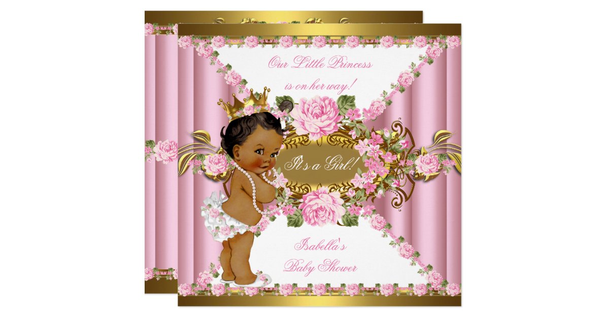 Pink Roses White Gold Princess Baby Shower Ethnic Card