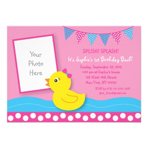 Pink Rubber Duck Birthday Invitations (front side)