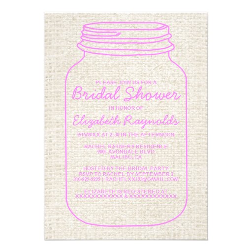 Pink Rustic Burlap Mason Jar Bridal Shower Invites