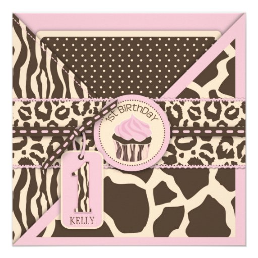 Pink Safari Animal Print & Cupcake First Birthday Personalized Invitation