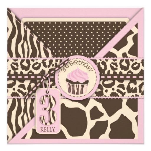 Pink Safari Animal Print & Cupcake Third Birthday Invitation