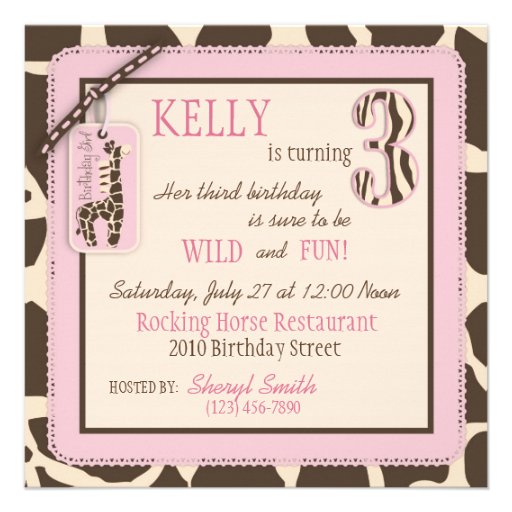 Pink Safari Animal Print & Cupcake Third Birthday Invitation