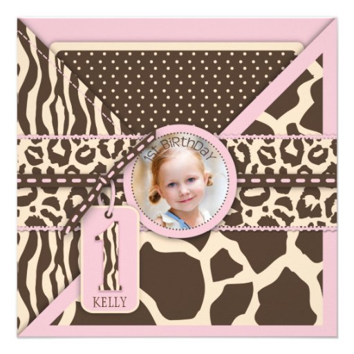 Pink Safari Animal Print First Birthday Personalized Invite