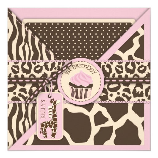 Pink Safari Giraffe & Cupcake First Birthday Custom Invitation