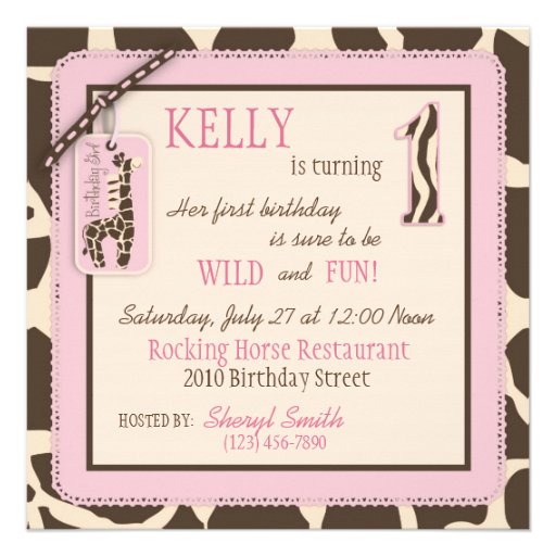 Pink Safari Giraffe & Cupcake First Birthday Custom Invitation
