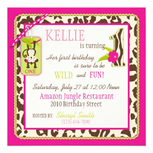 Pink Safari Jungle Monkey First Birthday Personalized Invite