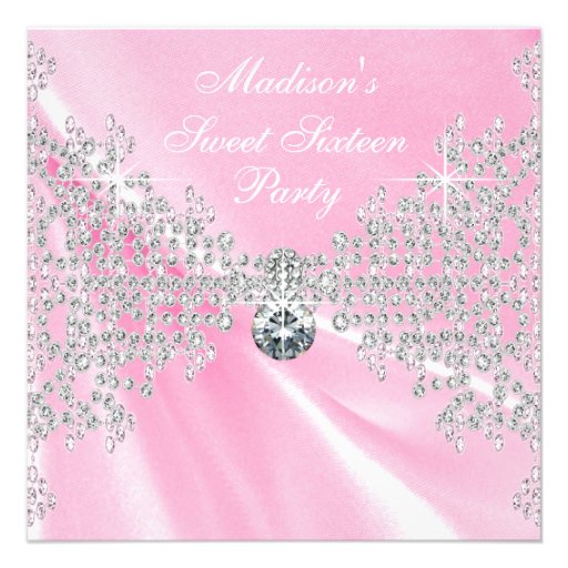 Pink Satin Diamonds Pink Sweet 16 Birthday Party Custom Announcement