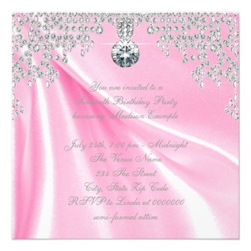 Pink Satin Diamonds Pink Sweet 16 Birthday Party Custom Announcement