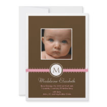 Pink Satin Ribbon with Monogram Birth Announcement invitations