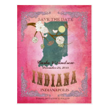 Pink Save The Date - Indiana Map With Lovely Birds Post Card