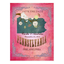 Pink Save The Date- PA Map With Lovely Birds Post Card
