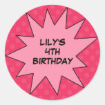 Pink Save the Day Superhero Custom Birthday Round Stickers