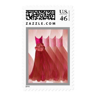 PINK SCARLET RED Bridesmaid Dresses SILVER Trim Postage Stamp by JaclinArt