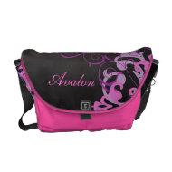 Pink Scroll Damask Name Black Messenger Bag rickshawmessengerbag
