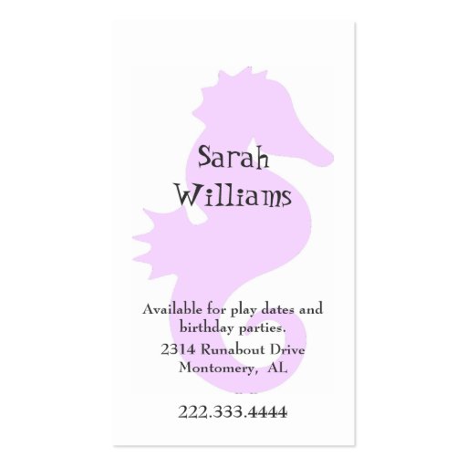 Pink Sea Horse Children Calling Card Business Card (front side)