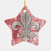 Pink Sequin Sparkle Jewel Fleur De Lis Vintage Christmas Ornament